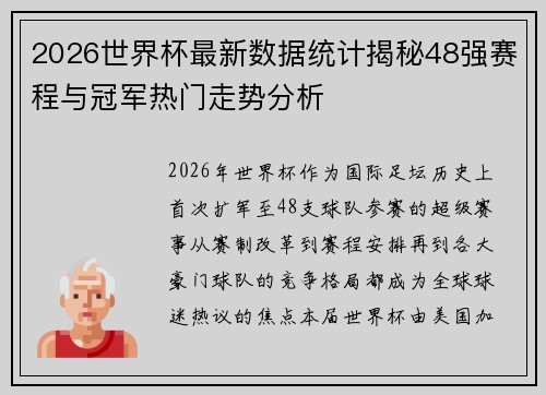 2026世界杯最新数据统计揭秘48强赛程与冠军热门走势分析